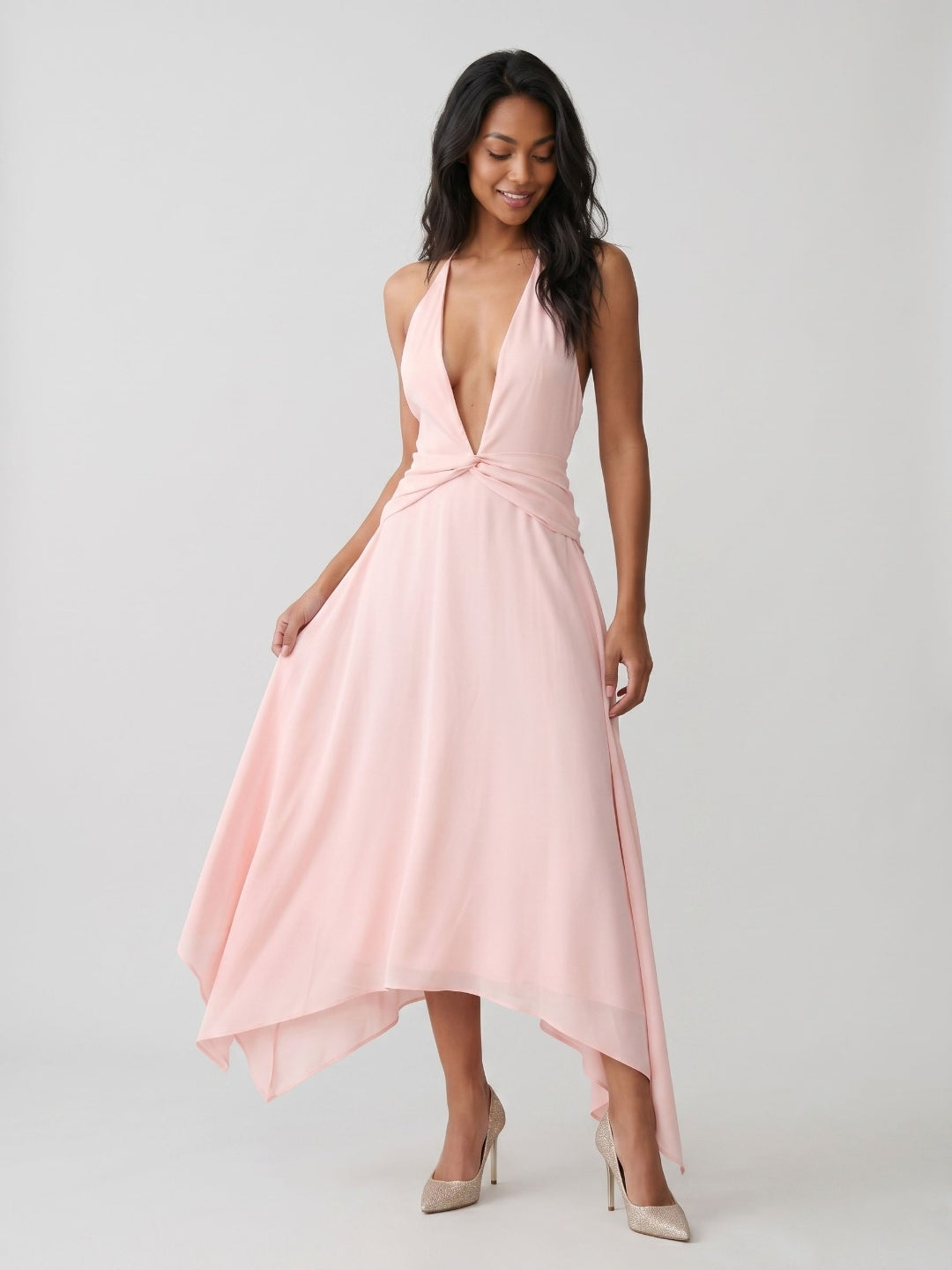 Blushing Pink Chiffon A-Line V-Neck Backless Asymmetrical Dress