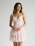 Blushing Pink Chiffon A-Line V-Neck Lace-Up Back Short Dress with Pleating