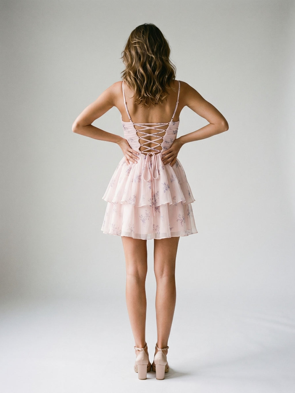 Blushing Pink Chiffon A-Line V-Neck Lace-Up Back Short Dress with Pleating