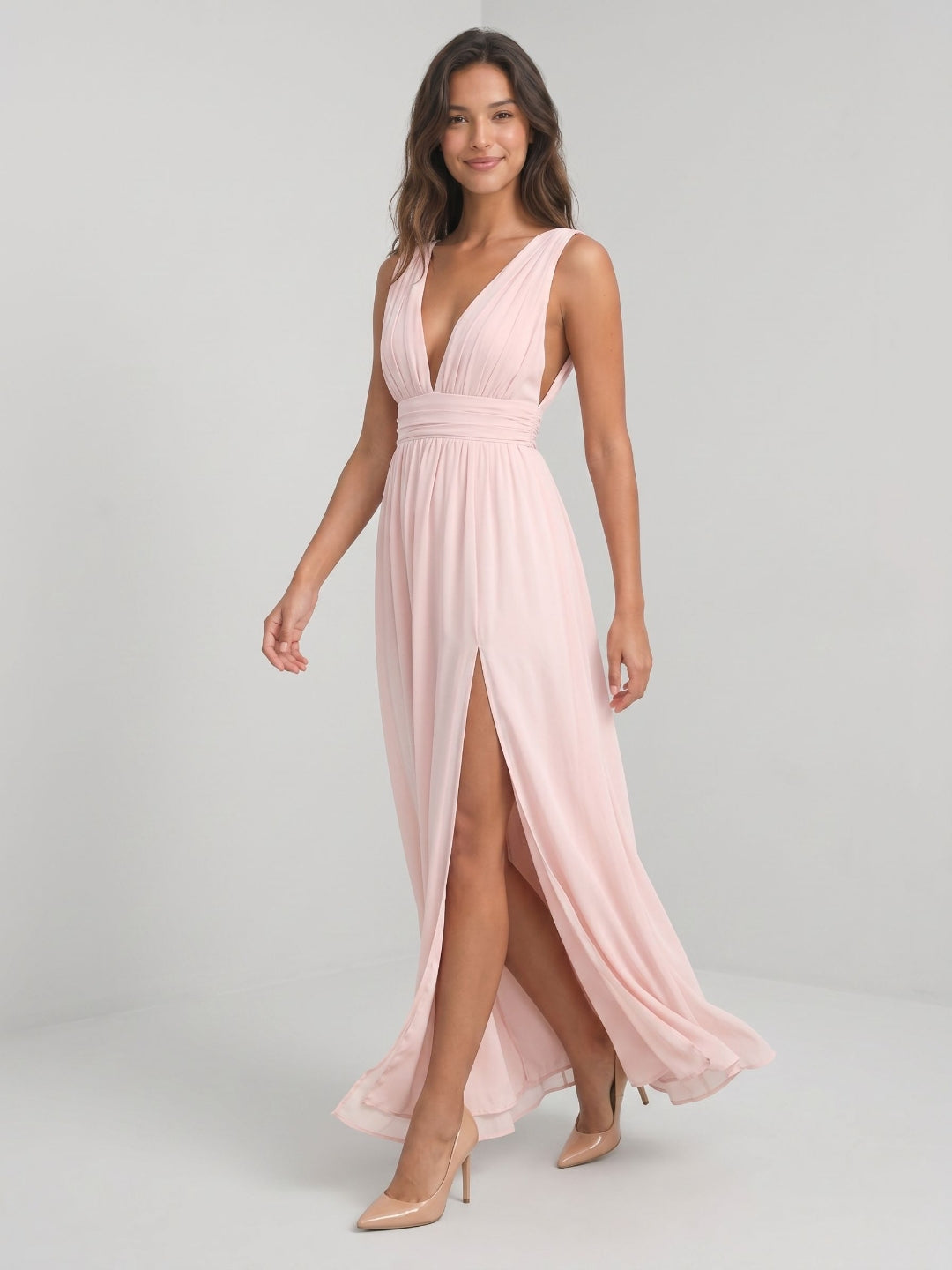 Blushing Pink Chiffon A-Line V-Neck V-Back Floor-Length Formal Dress with Pleating