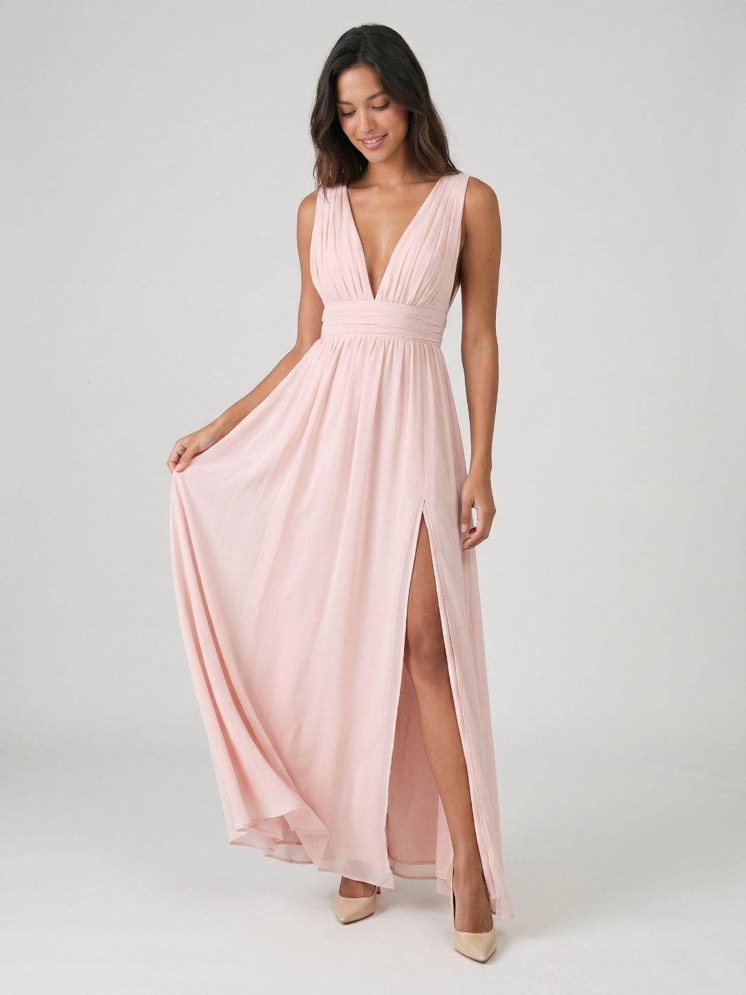 Blushing Pink Chiffon A-Line V-Neck V-Back Floor-Length Formal Dress with Pleating