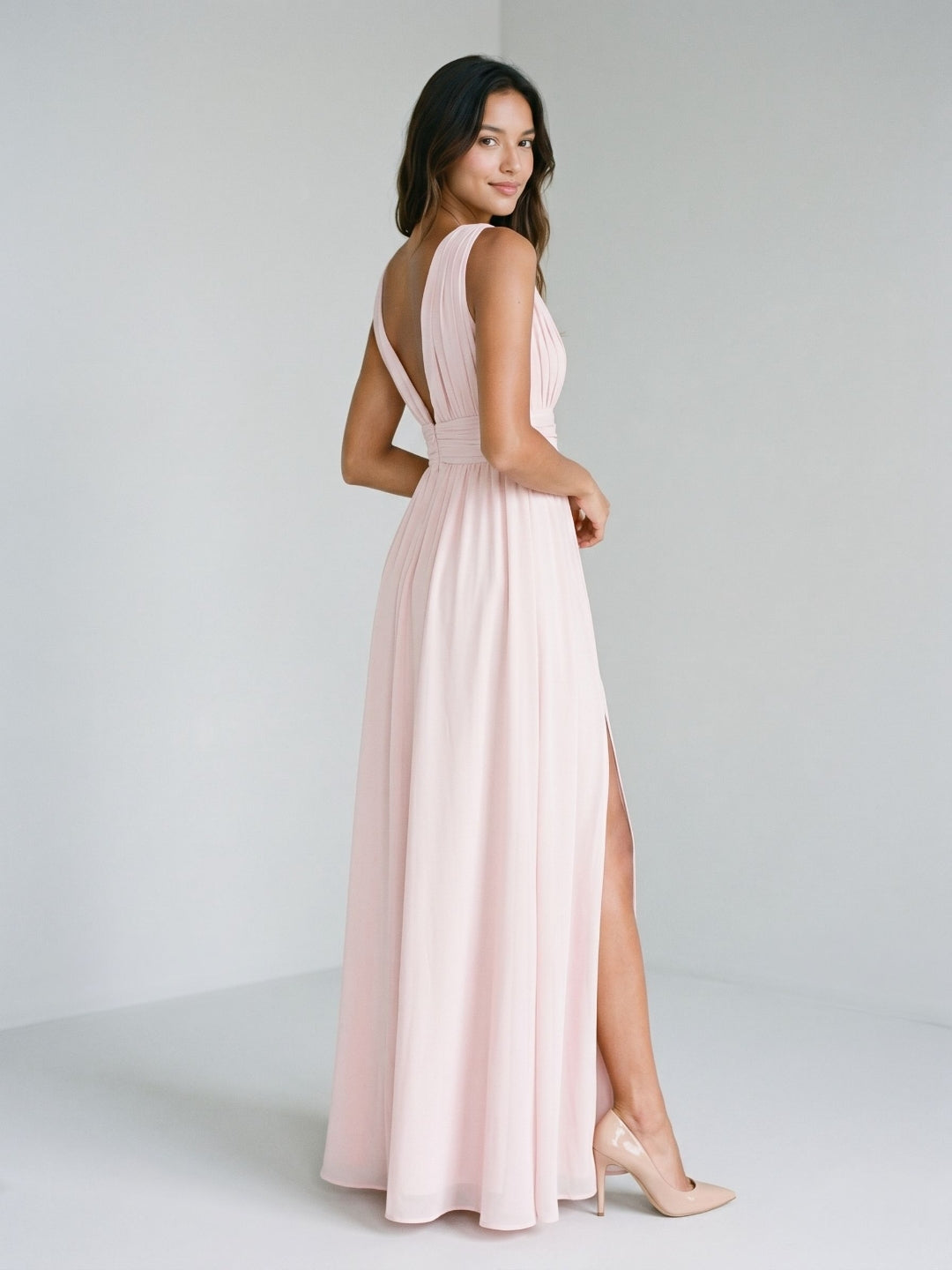 Blushing Pink Chiffon A-Line V-Neck V-Back Floor-Length Formal Dress with Pleating