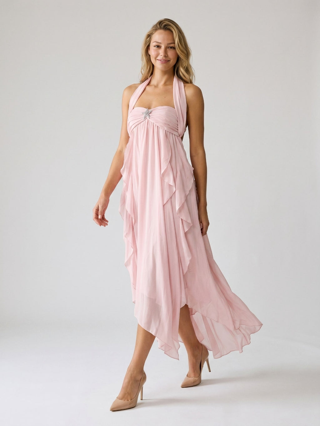 Blushing Pink Chiffon Column Halter Backless Asymmetrical Birthday Dress with Ruffles