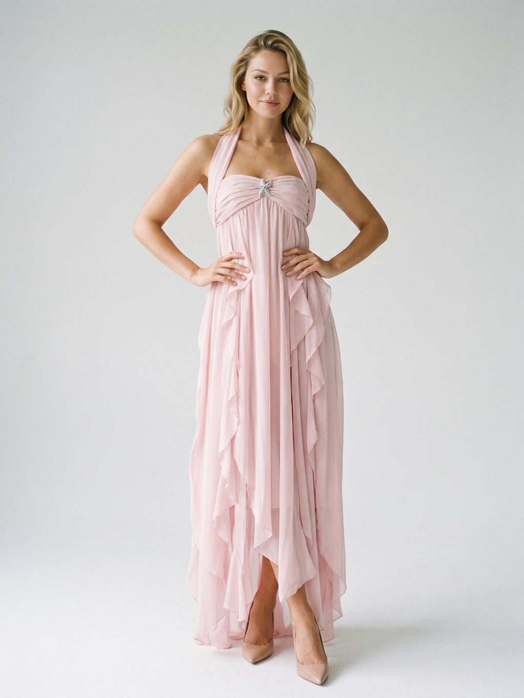 Blushing Pink Chiffon Column Halter Backless Asymmetrical Birthday Dress with Ruffles