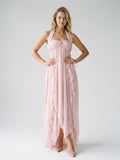 Blushing Pink Chiffon Column Halter Backless Asymmetrical Birthday Dress with Ruffles