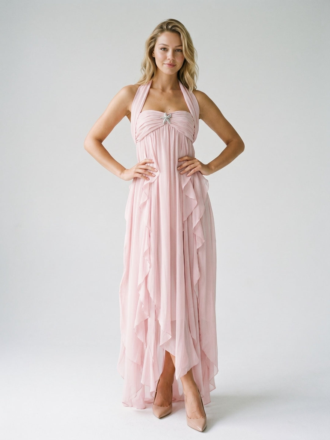 Blushing Pink Chiffon Column Halter Backless Asymmetrical Birthday Dress with Ruffles