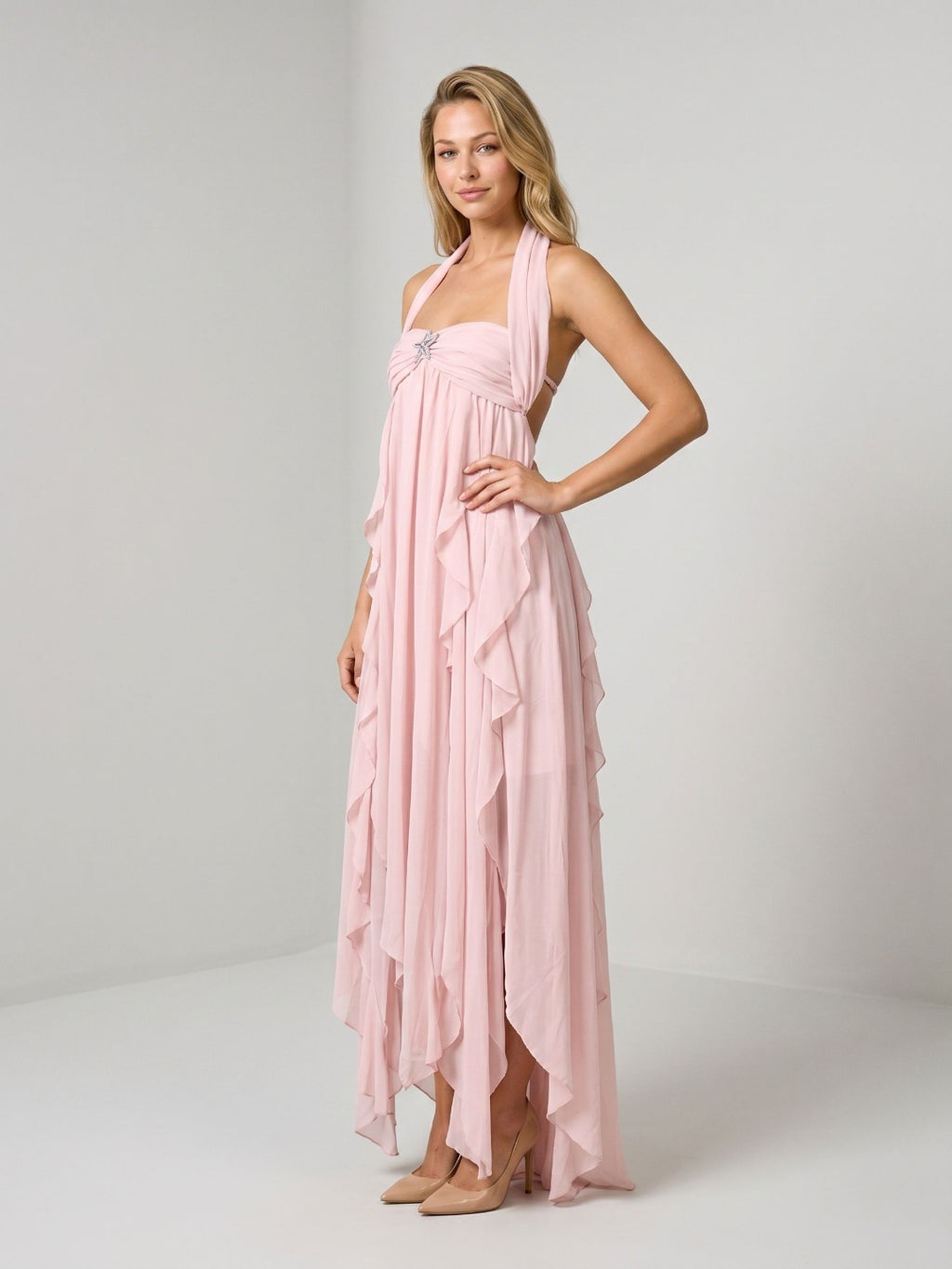 Blushing Pink Chiffon Column Halter Backless Asymmetrical Birthday Dress with Ruffles
