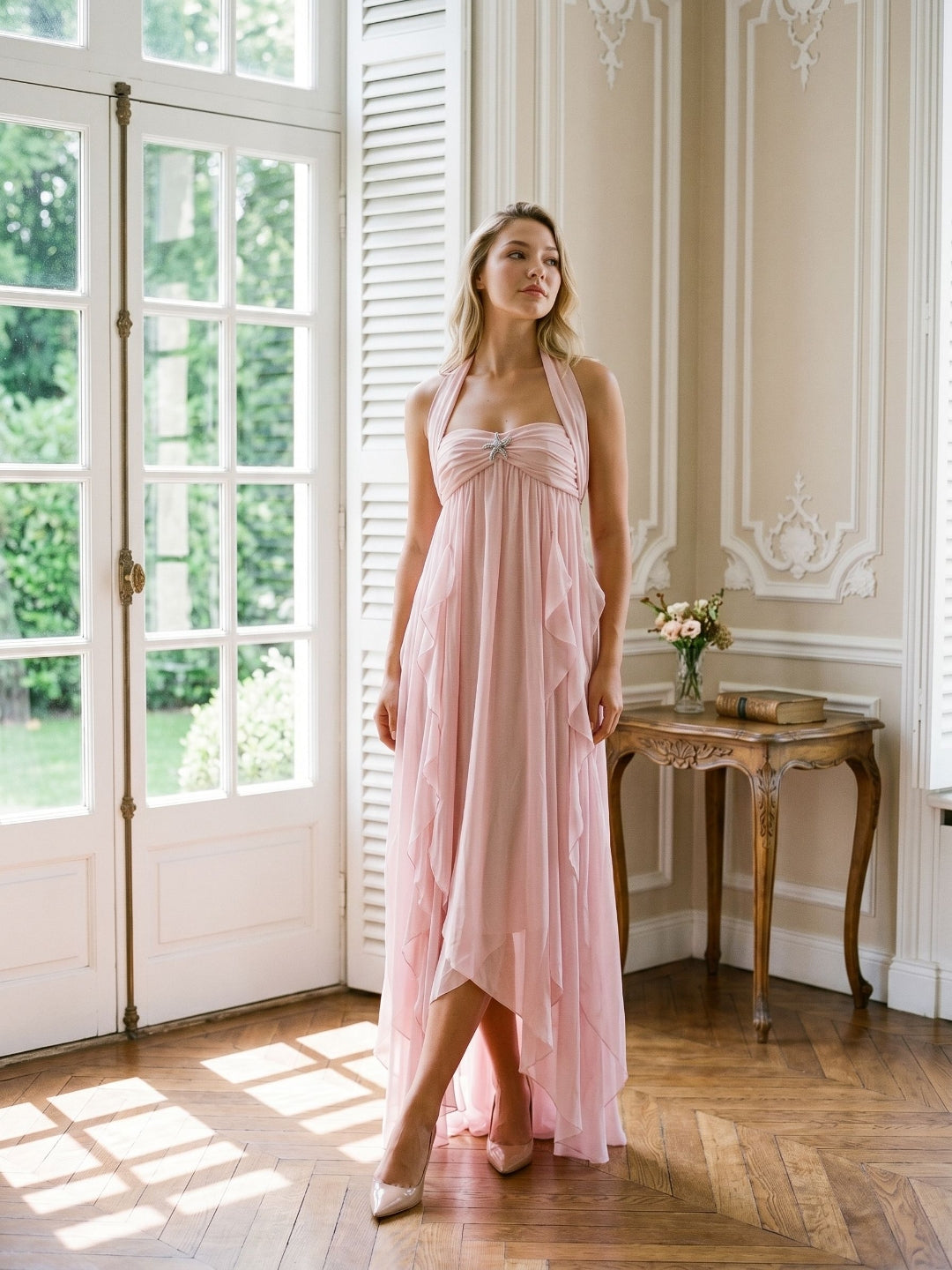 Blushing Pink Chiffon Column Halter Backless Asymmetrical Birthday Dress with Ruffles
