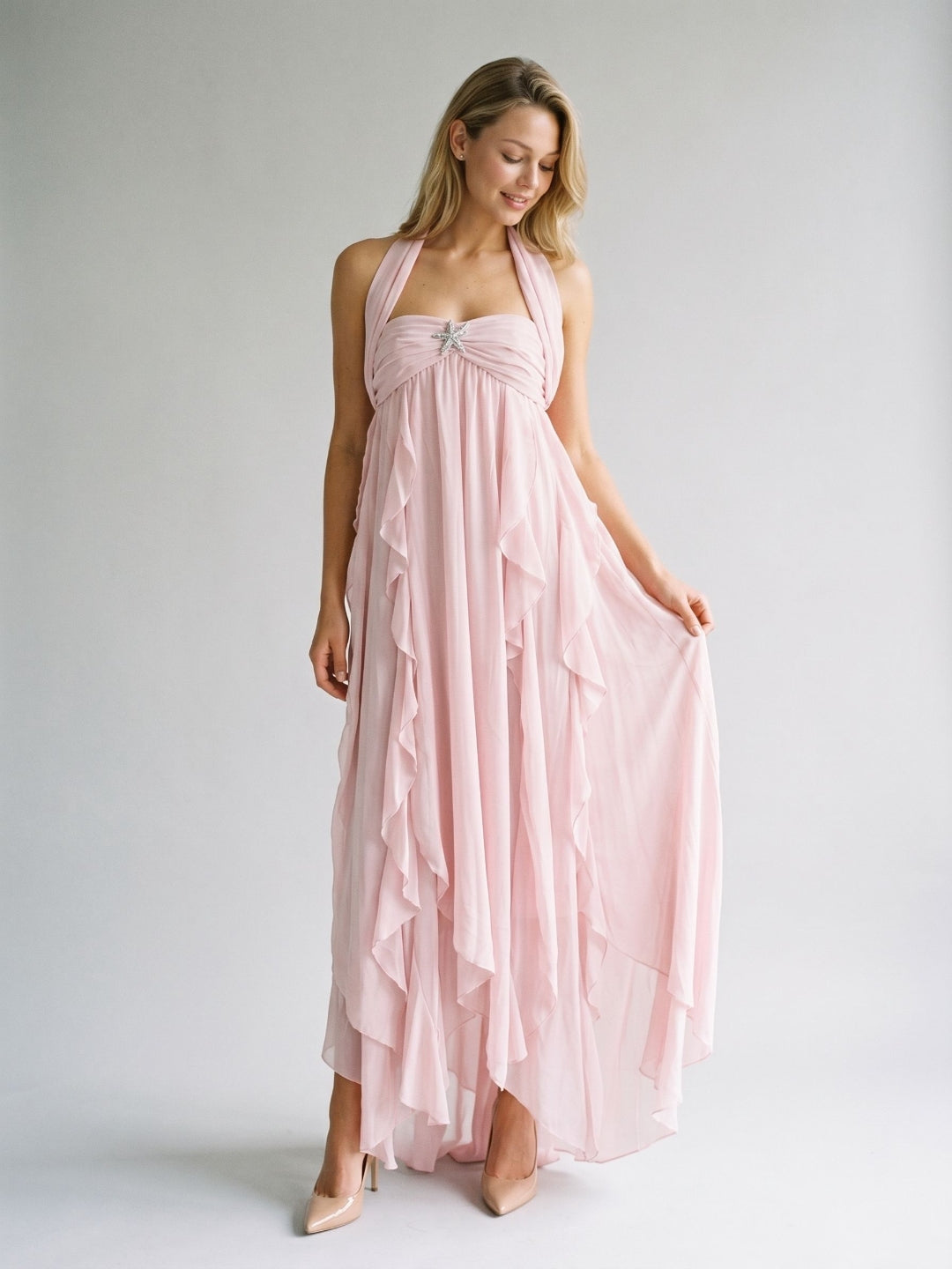 Blushing Pink Chiffon Column Halter Backless Asymmetrical Birthday Dress with Ruffles