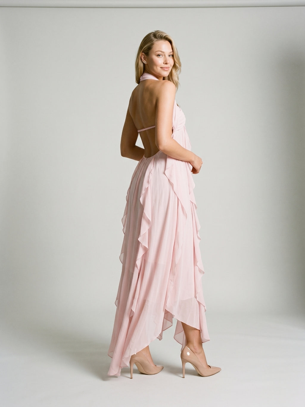 Blushing Pink Chiffon Column Halter Backless Asymmetrical Birthday Dress with Ruffles