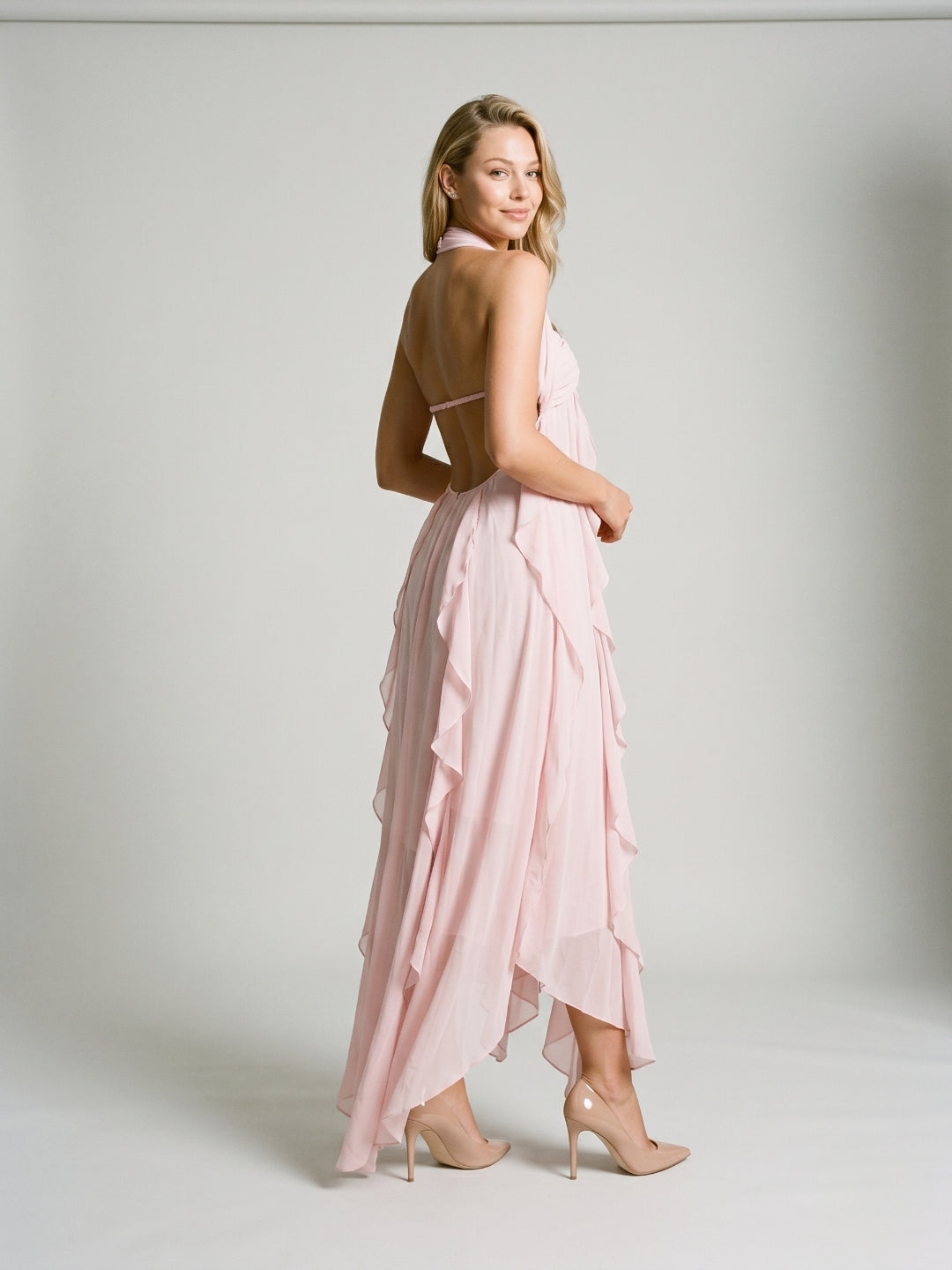 Blushing Pink Chiffon Column Halter Backless Asymmetrical Birthday Dress with Ruffles