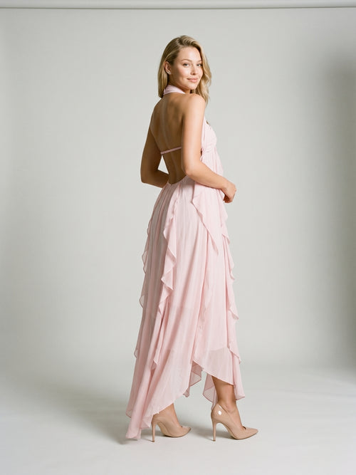 Blushing Pink Chiffon Column Halter Backless Asymmetrical Birthday Dress with Ruffles