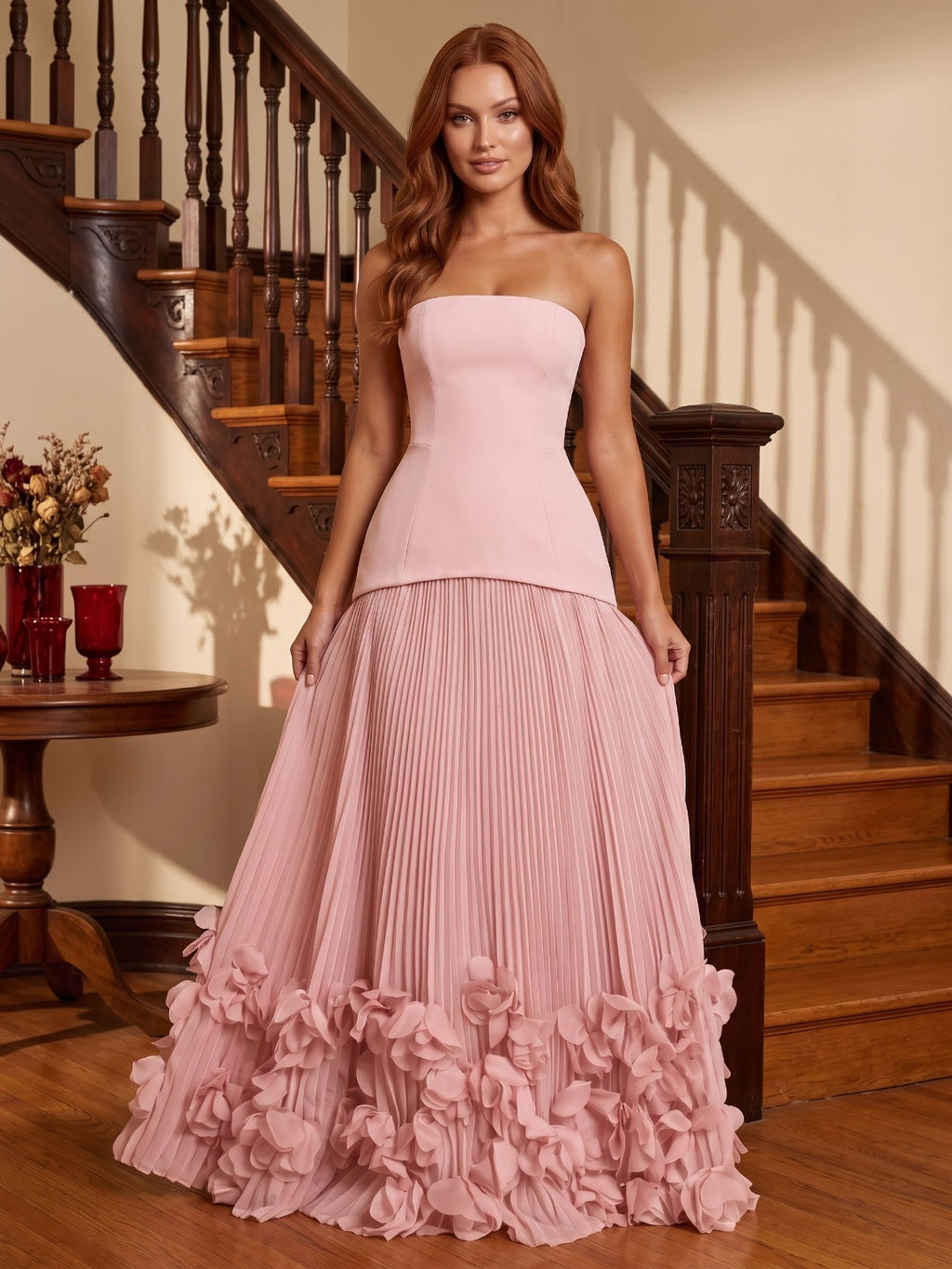 Blushing Pink Crepe A-Line Straight Neck Lace-up Floor-Length Dress