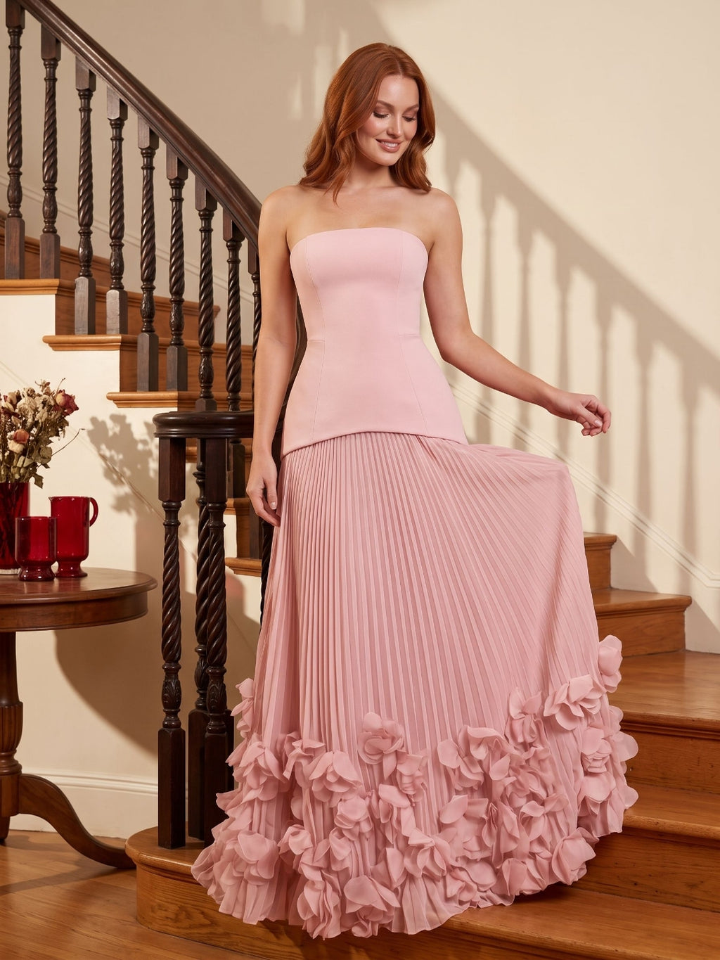Blushing Pink Crepe A-Line Straight Neck Lace-up Floor-Length Dress