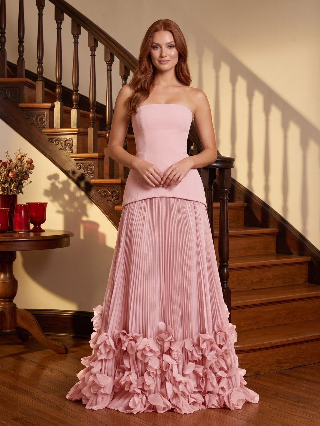 Blushing Pink Crepe A-Line Straight Neck Lace-up Floor-Length Dress