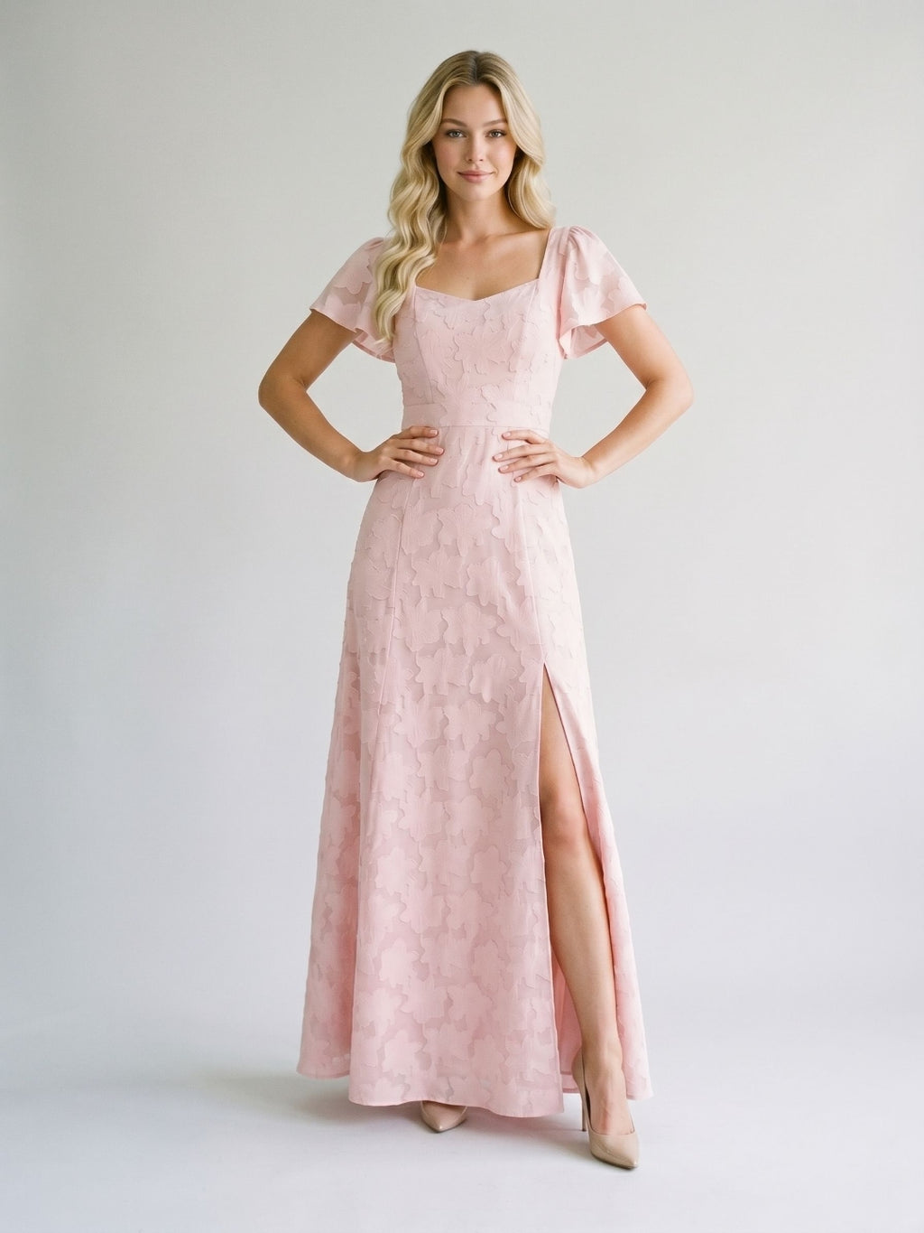 Blushing Pink Jacquard A-Line Backless Floor-Length Wedding Guest Dress with Bow
