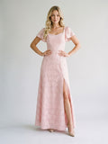 Blushing Pink Jacquard A-Line Backless Floor-Length Wedding Guest Dress with Bow