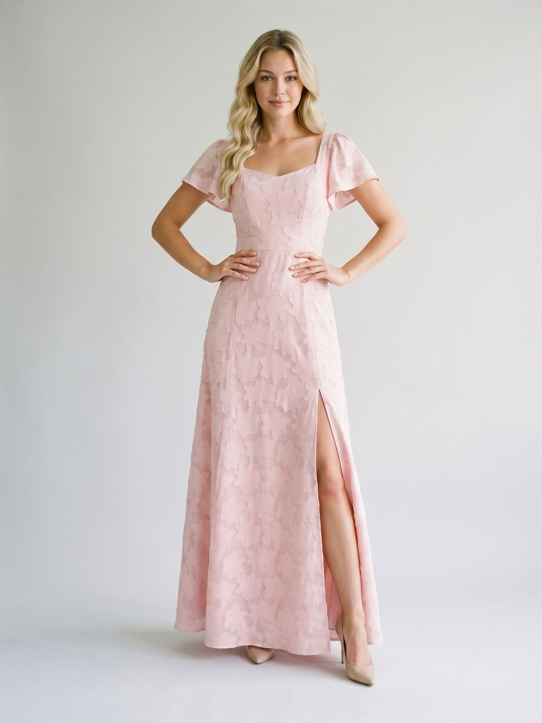 Blushing Pink Jacquard A-Line Backless Floor-Length Wedding Guest Dress with Bow