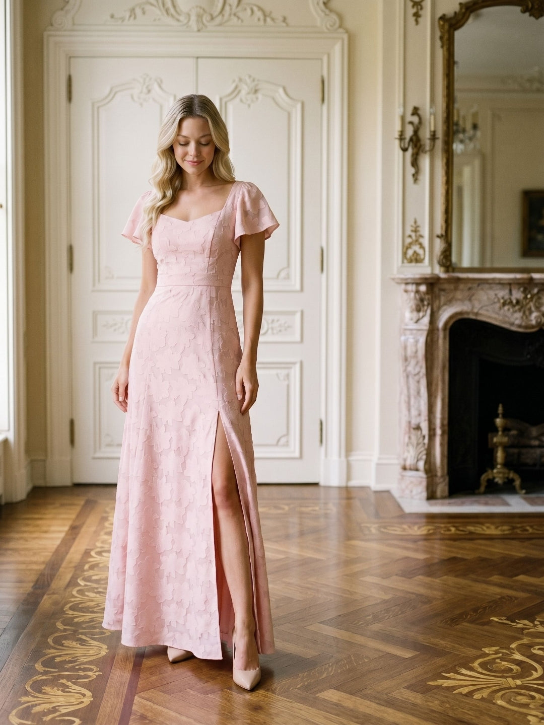Blushing Pink Jacquard A-Line Backless Floor-Length Wedding Guest Dress with Bow