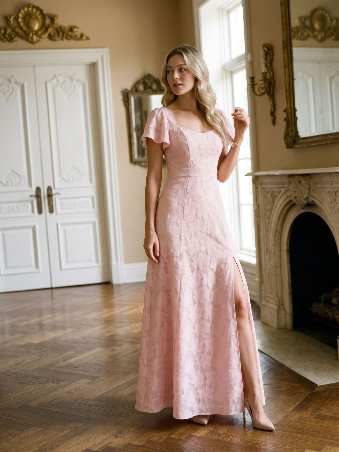 Blushing Pink Jacquard A-Line Backless Floor-Length Wedding Guest Dress with Bow