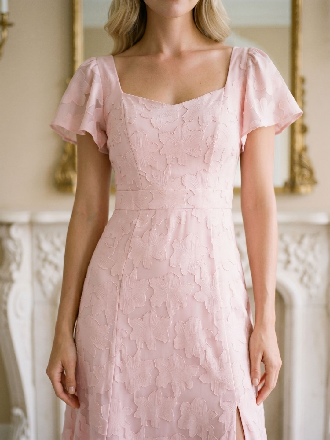 Blushing Pink Jacquard A-Line Backless Floor-Length Wedding Guest Dress with Bow