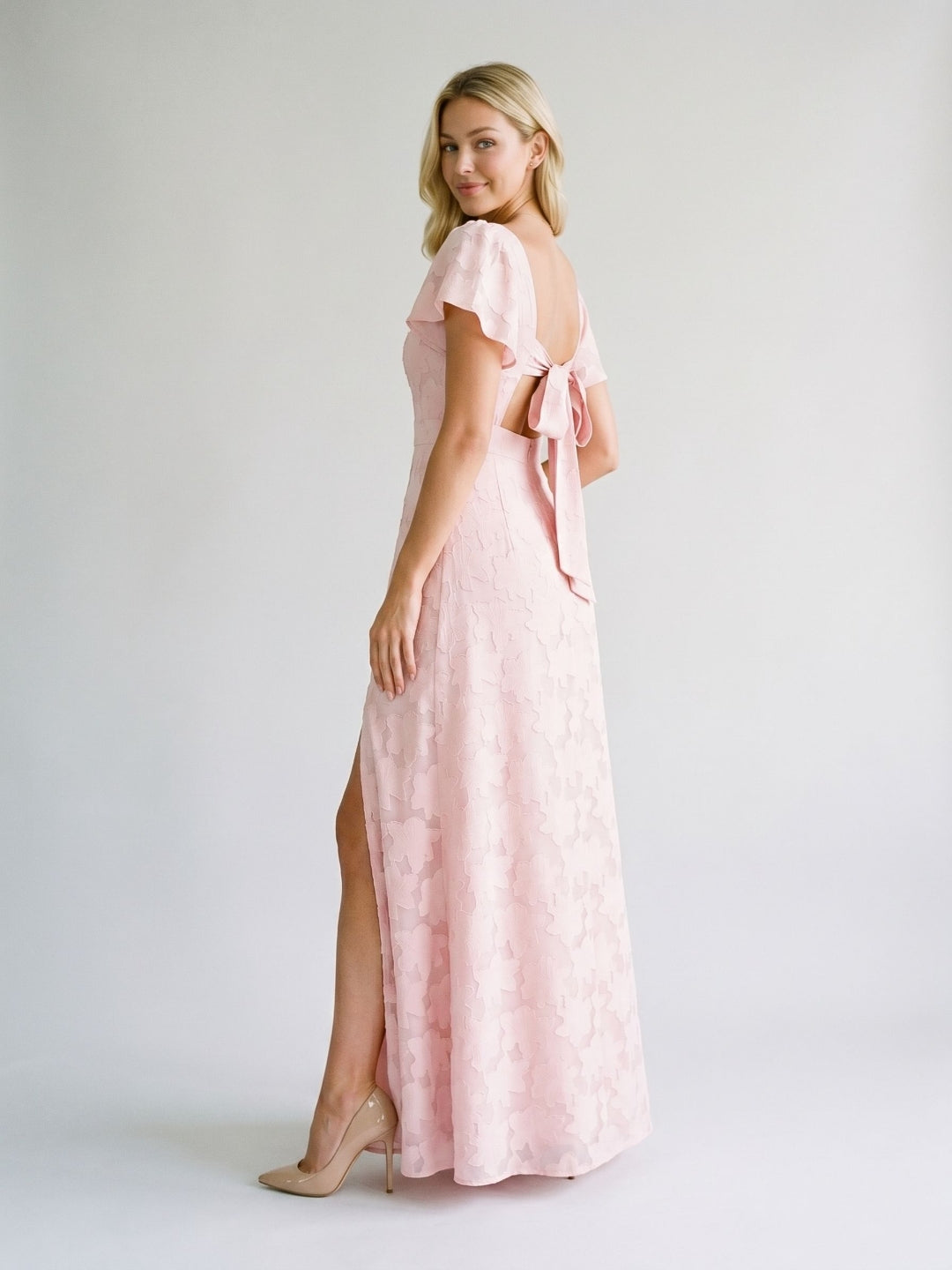 Blushing Pink Jacquard A-Line Backless Floor-Length Wedding Guest Dress with Bow