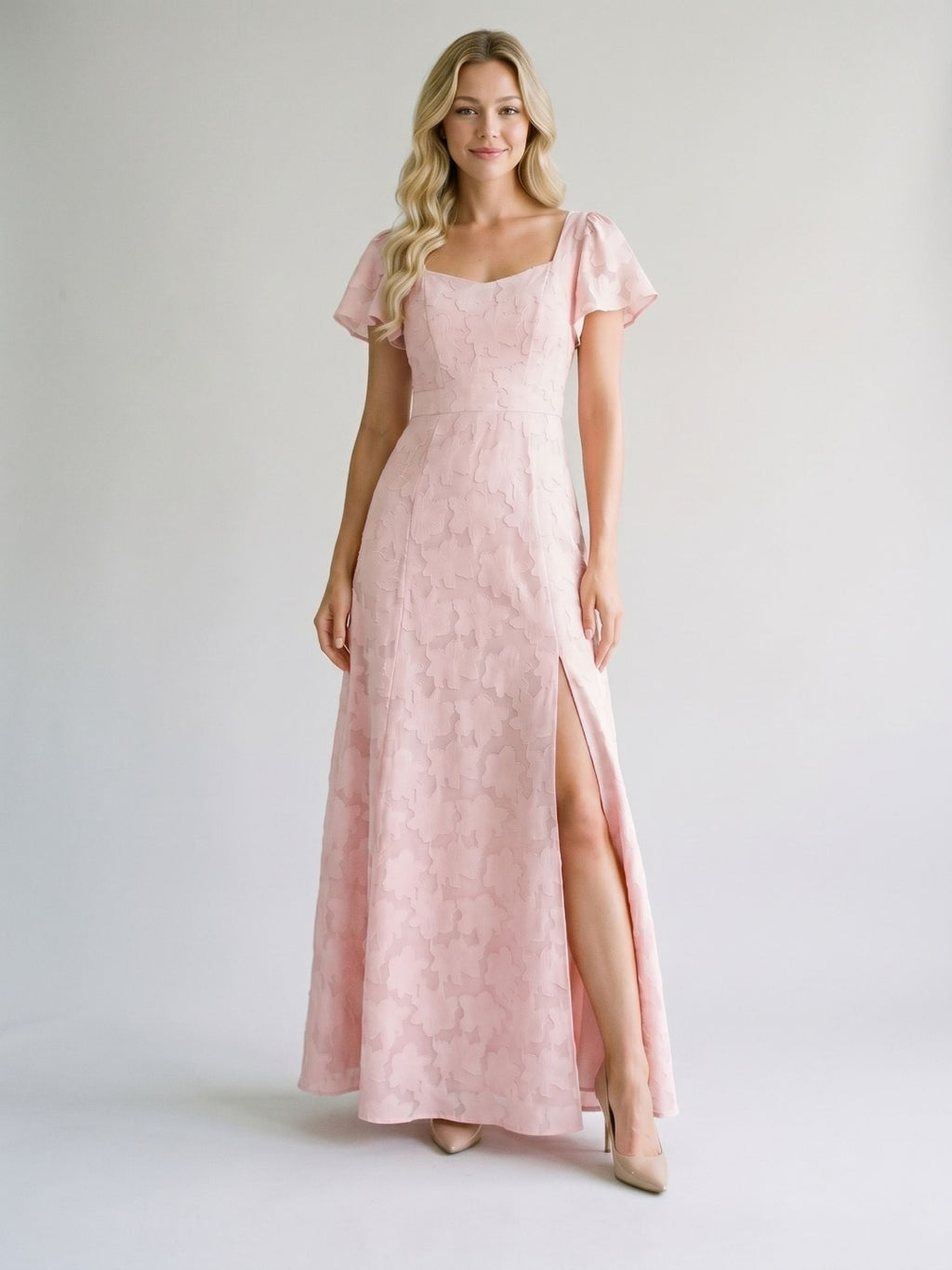 Blushing Pink Jacquard A-Line Backless Floor-Length Wedding Guest Dress with Bow