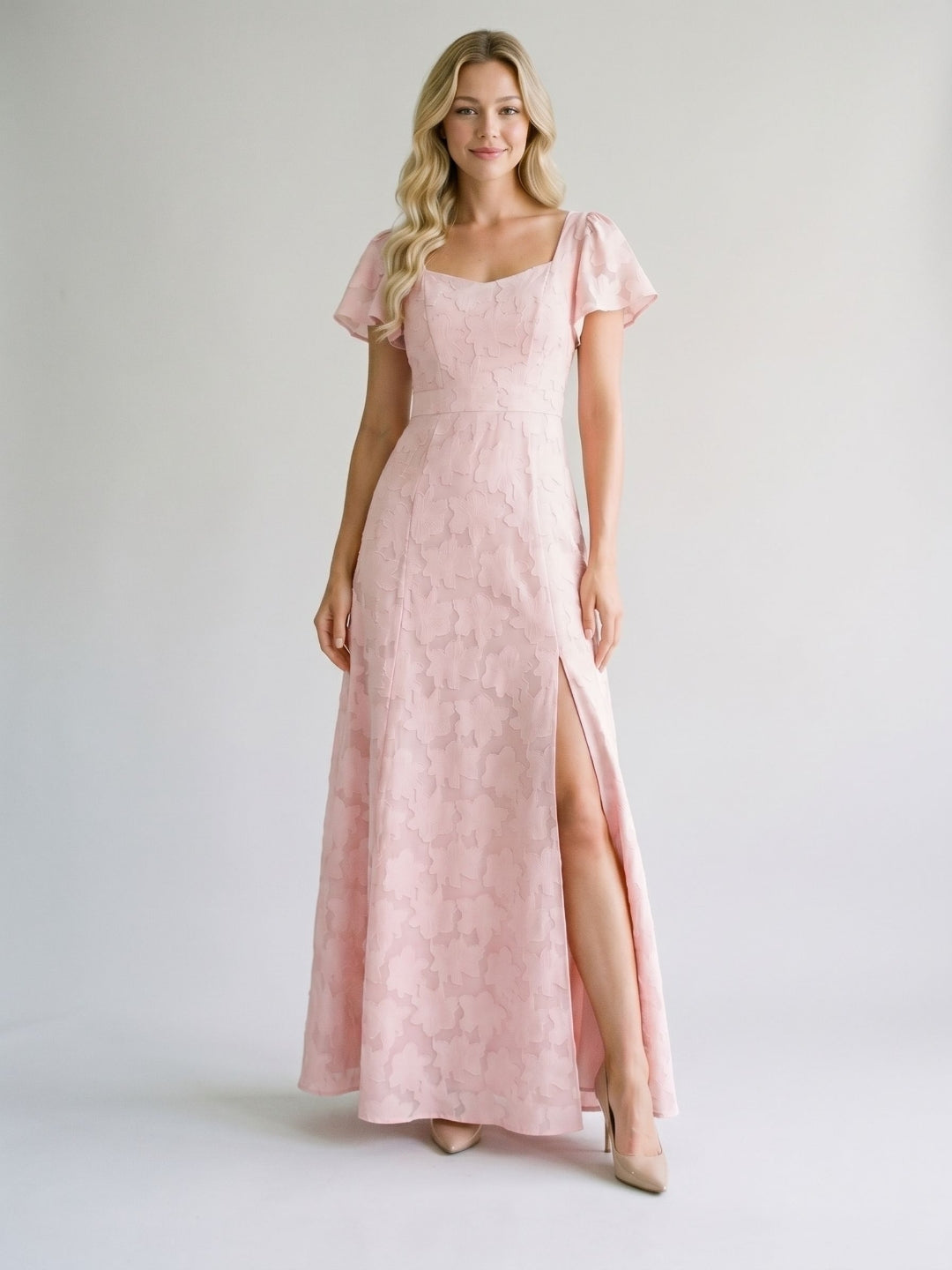 Blushing Pink Jacquard A-Line Backless Floor-Length Wedding Guest Dress with Bow