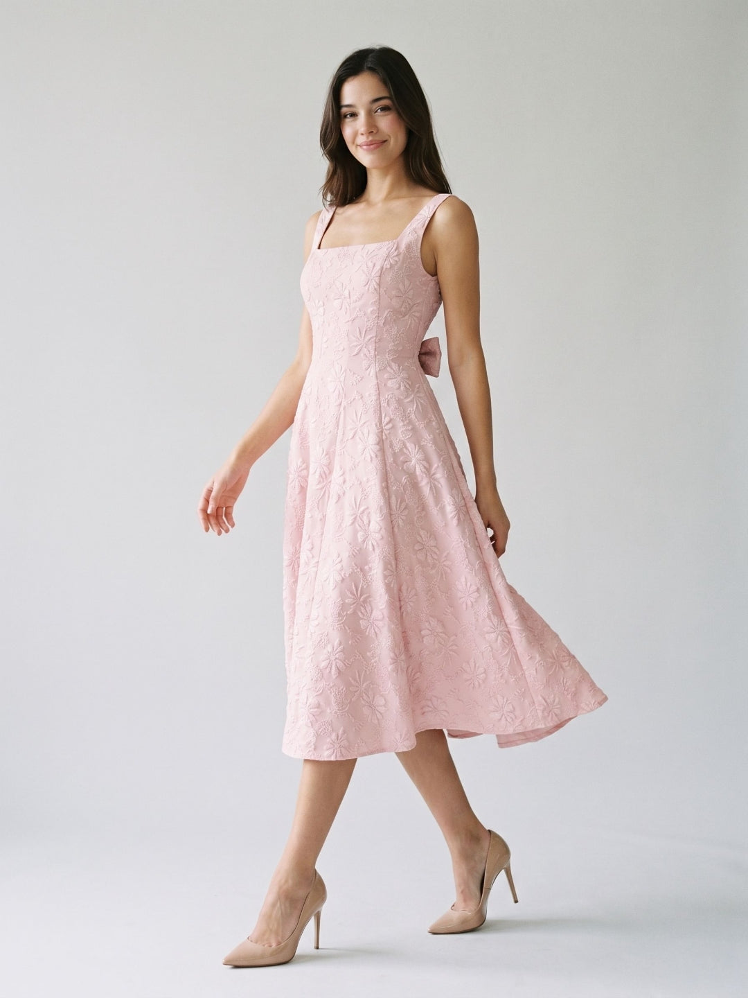 Blushing Pink Jacquard A-Line Bow Back Tea-Length Wedding Guest Dress with Bow