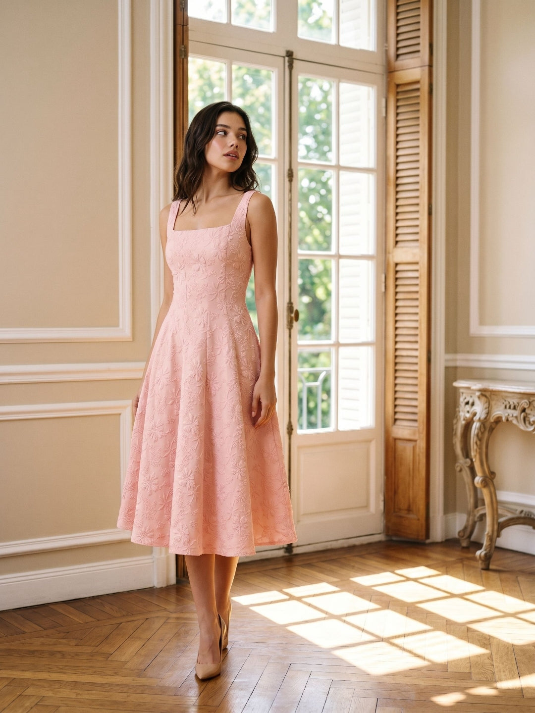 Blushing Pink Jacquard A-Line Bow Back Tea-Length Wedding Guest Dress with Bow