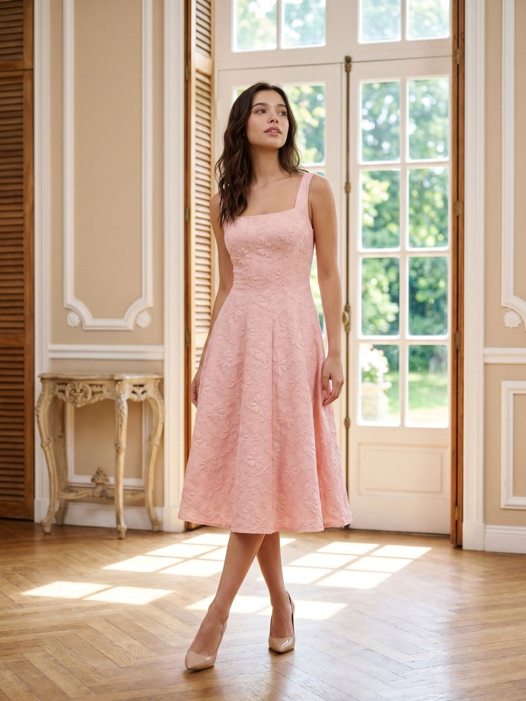 Blushing Pink Jacquard A-Line Bow Back Tea-Length Wedding Guest Dress with Bow