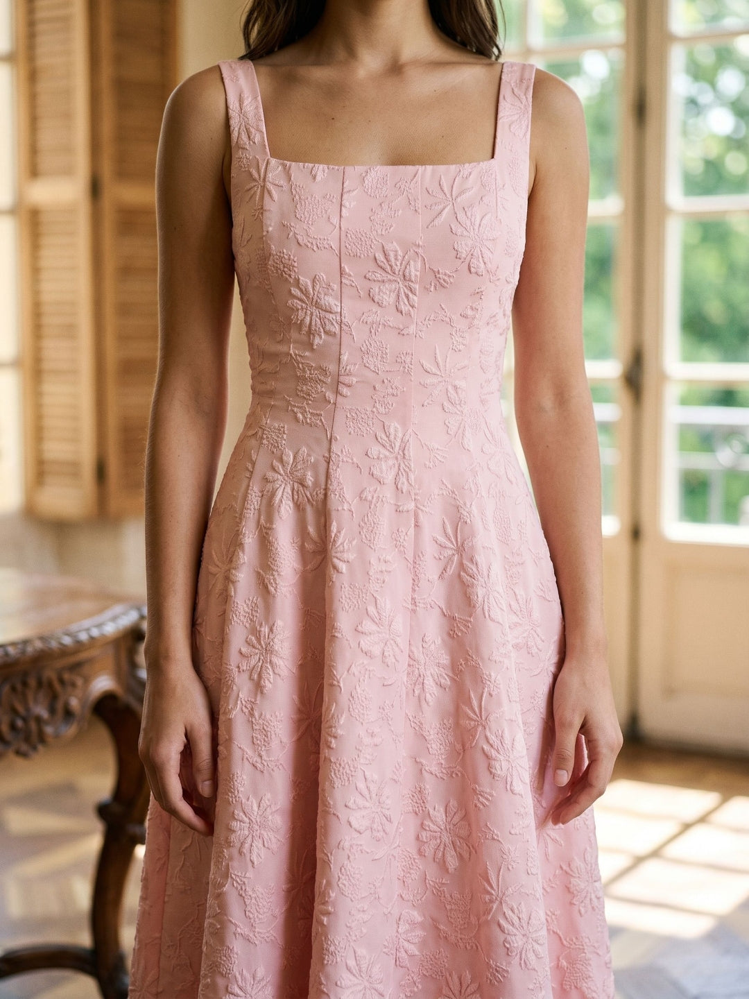 Blushing Pink Jacquard A-Line Bow Back Tea-Length Wedding Guest Dress with Bow