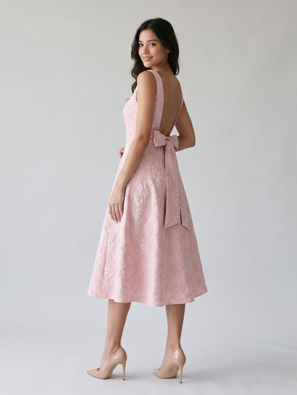 Blushing Pink Jacquard A-Line Bow Back Tea-Length Wedding Guest Dress with Bow