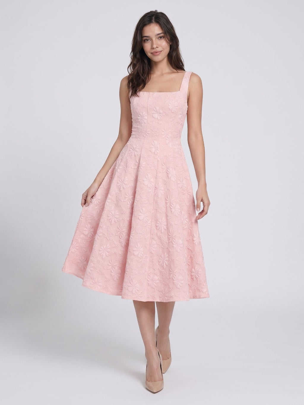 Blushing Pink Jacquard A-Line Bow Back Tea-Length Wedding Guest Dress with Bow