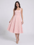 Blushing Pink Jacquard A-Line Bow Back Tea-Length Wedding Guest Dress with Bow