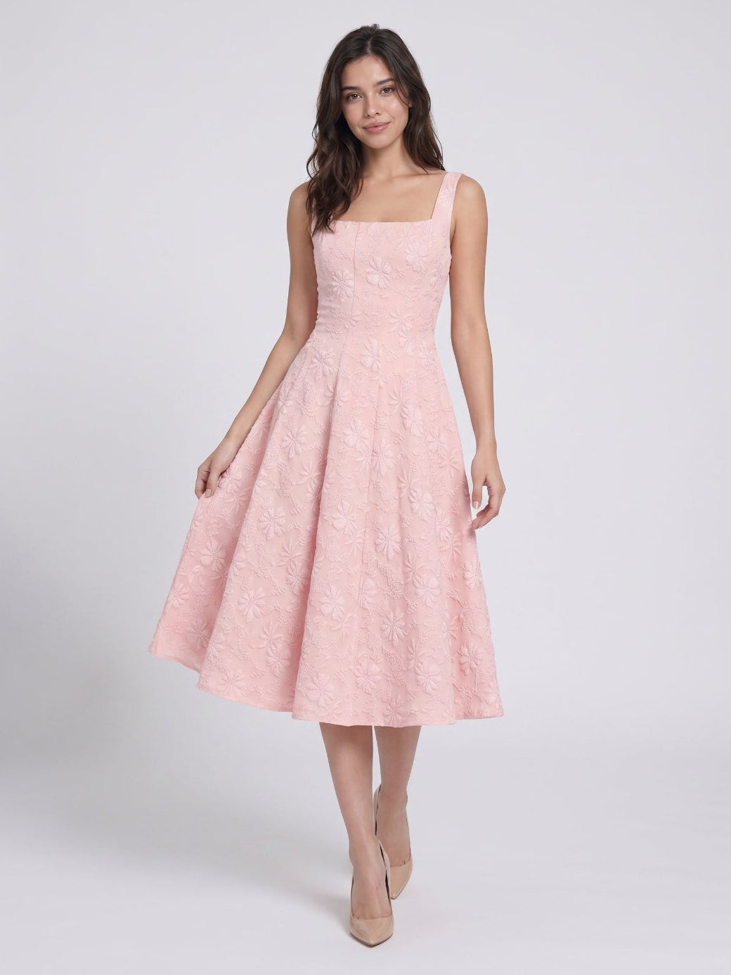 Blushing Pink Jacquard A-Line Bow Back Tea-Length Wedding Guest Dress with Bow