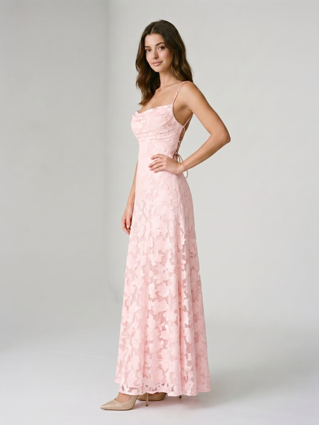 Blushing Pink Jacquard A-Line Criss-Cross Straps Floor-Length Formal Dress with Pleating
