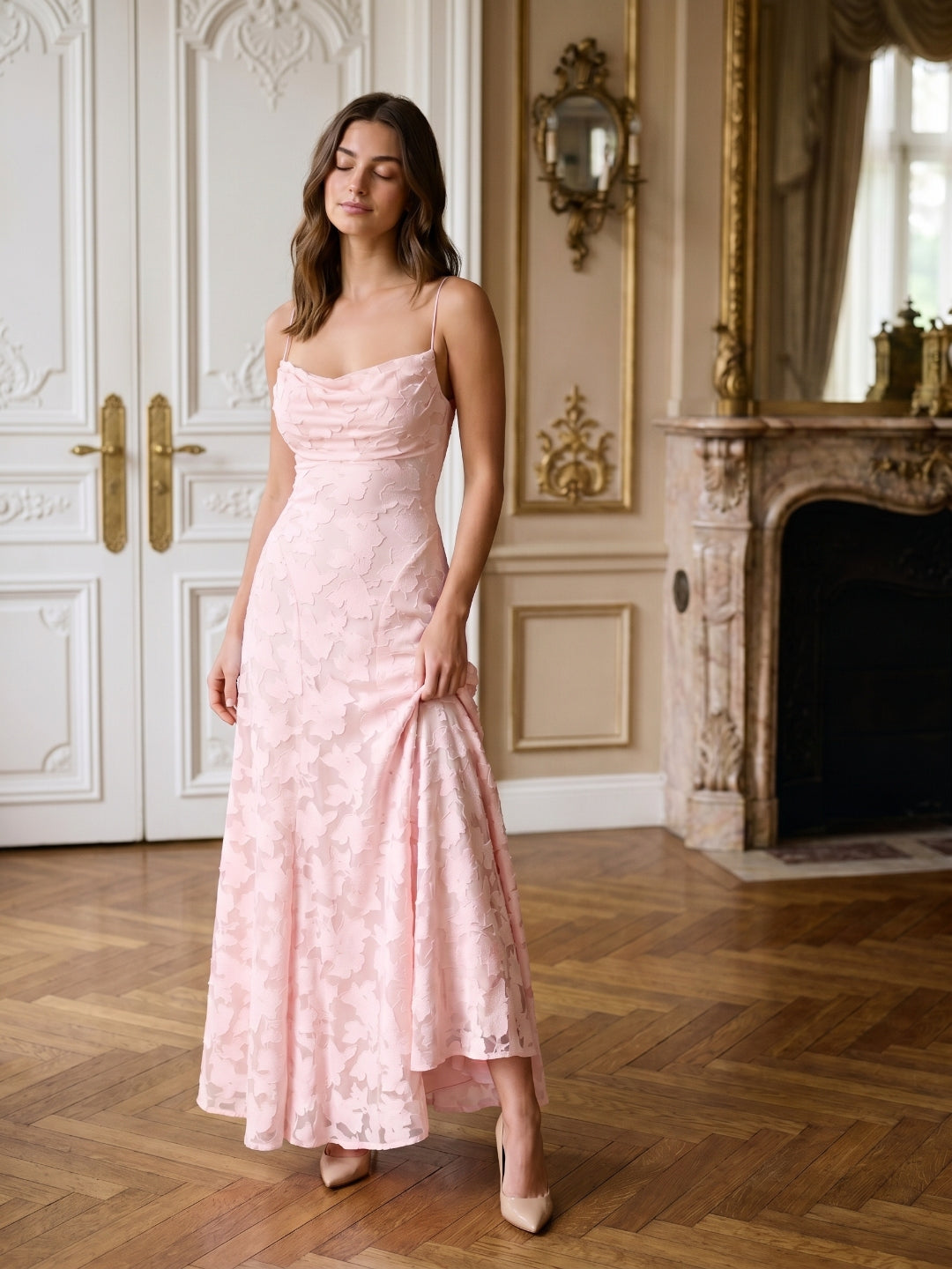Blushing Pink Jacquard A-Line Criss-Cross Straps Floor-Length Formal Dress with Pleating