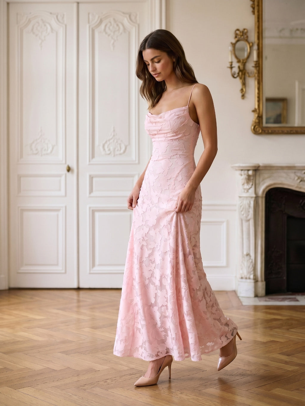 Blushing Pink Jacquard A-Line Criss-Cross Straps Floor-Length Formal Dress with Pleating