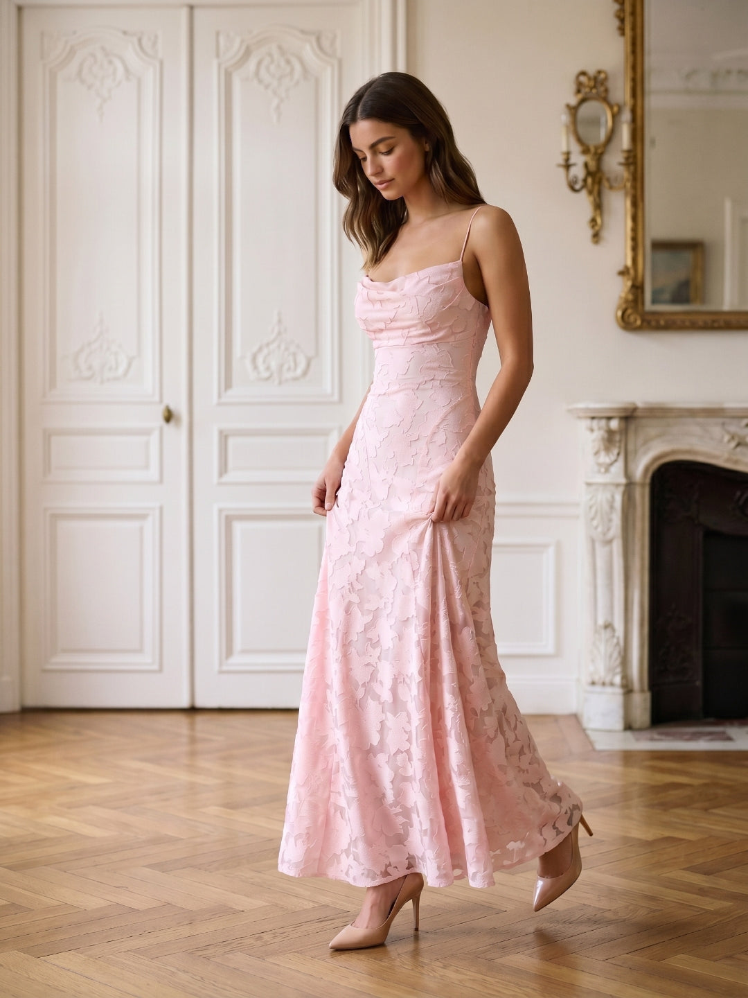 Blushing Pink Jacquard A-Line Criss-Cross Straps Floor-Length Formal Dress with Pleating