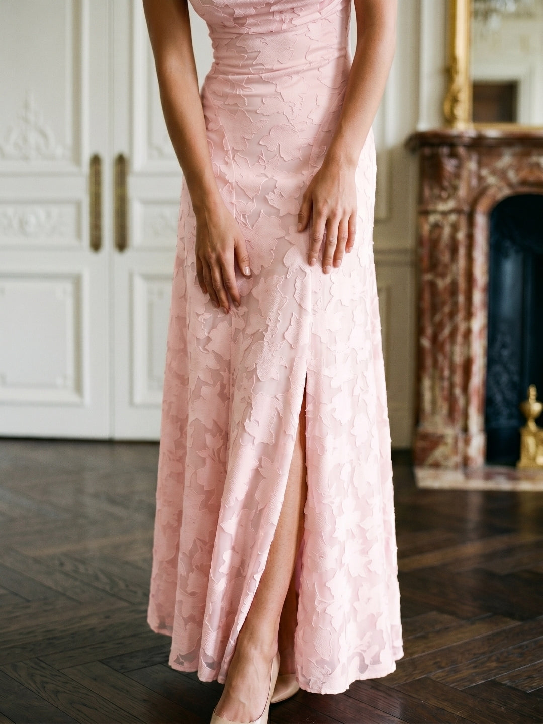 Blushing Pink Jacquard A-Line Criss-Cross Straps Floor-Length Formal Dress with Pleating