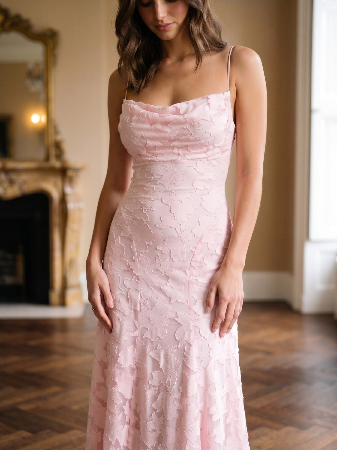 Blushing Pink Jacquard A-Line Criss-Cross Straps Floor-Length Formal Dress with Pleating