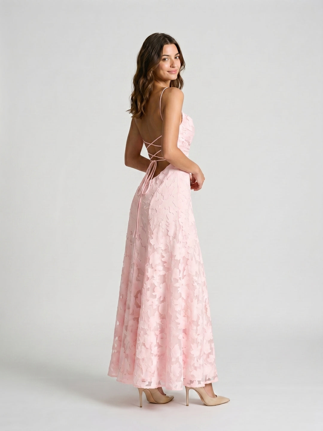 Blushing Pink Jacquard A-Line Criss-Cross Straps Floor-Length Formal Dress with Pleating