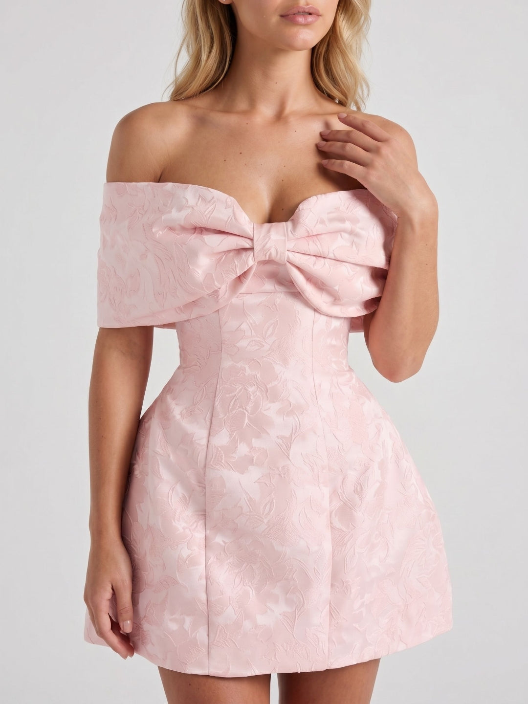 Blushing Pink Jacquard A-Line Off-Shoulder Lace-Up Back Short Dress with Bow