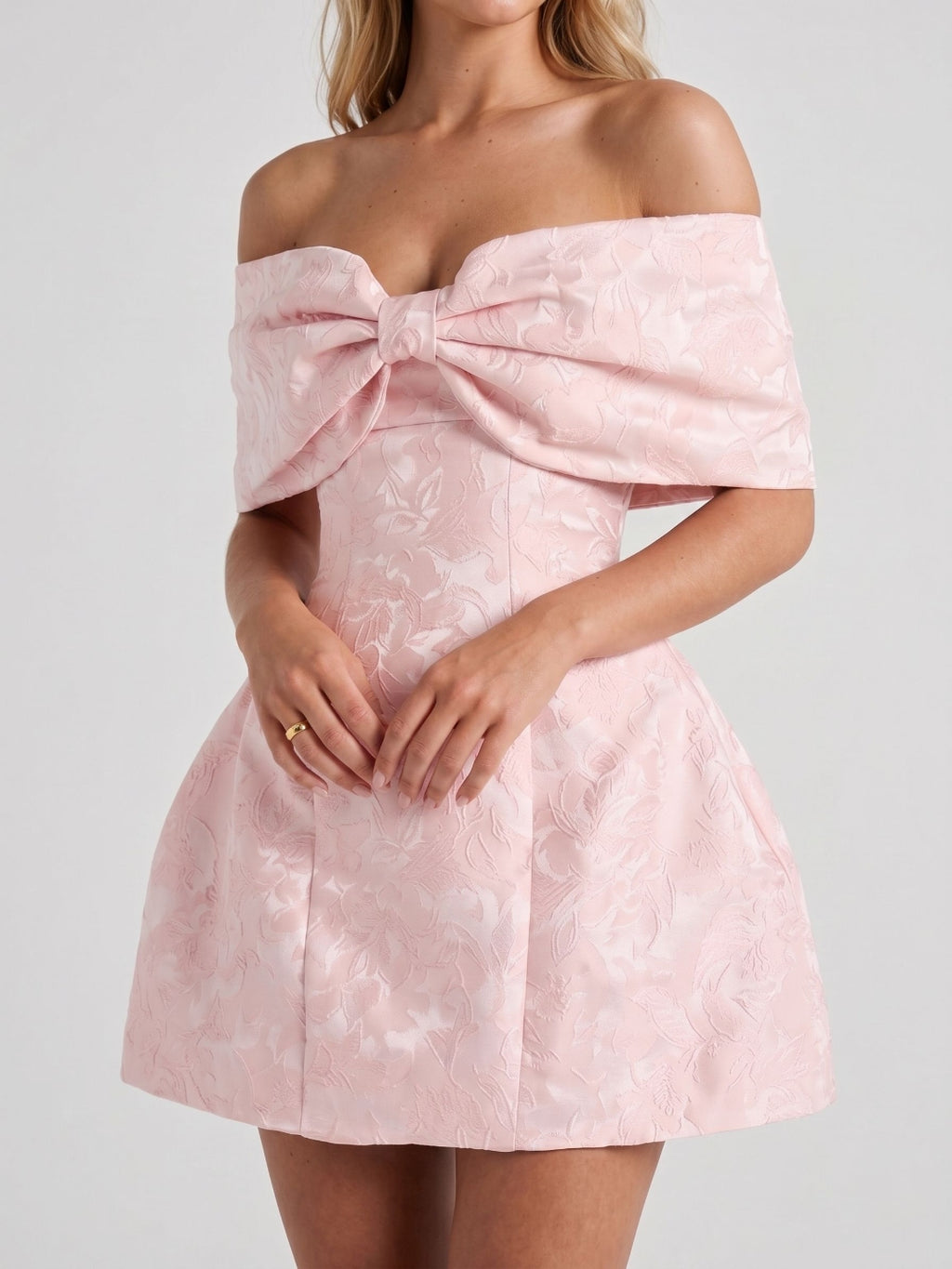 Blushing Pink Jacquard A-Line Off-Shoulder Lace-Up Back Short Dress with Bow