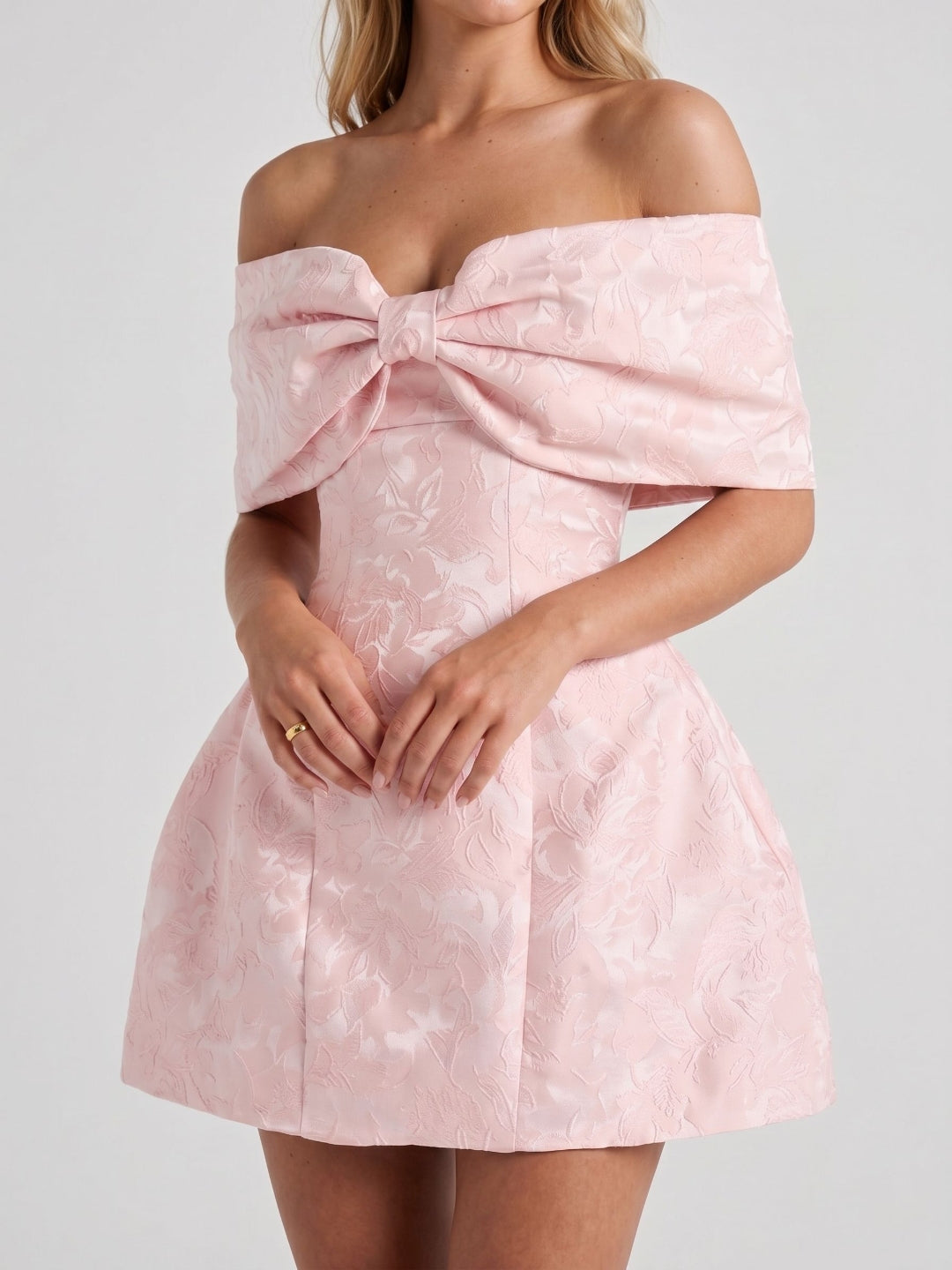 Blushing Pink Jacquard A-Line Off-Shoulder Lace-Up Back Short Dress with Bow