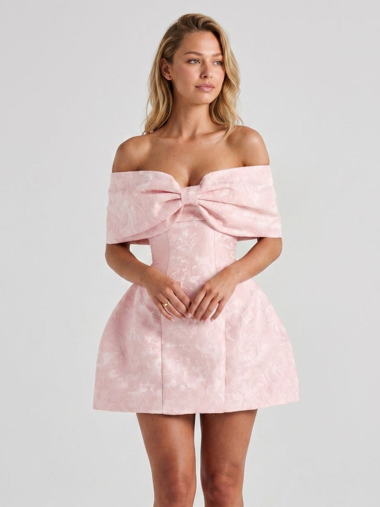Blushing Pink Jacquard A-Line Off-Shoulder Lace-Up Back Short Dress with Bow