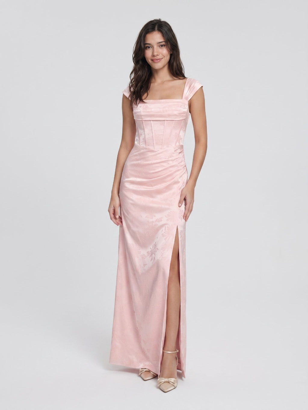 Blushing Pink Jacquard Sheath Lace-Up Back Floor-Length Wedding Guest Dress with Pleating