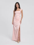 Blushing Pink Jacquard Sheath Lace-Up Back Floor-Length Wedding Guest Dress with Pleating