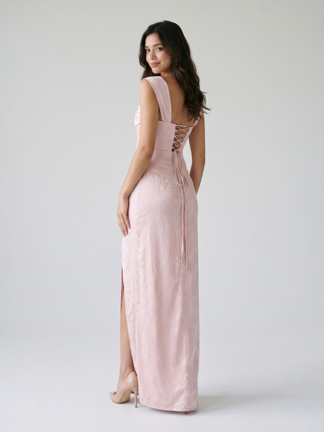 Blushing Pink Jacquard Sheath Lace-Up Back Floor-Length Wedding Guest Dress with Pleating